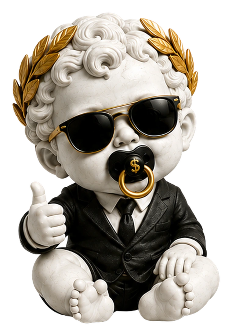 Baby Boner: a marble infant in a gold laurel wreath and black sunglasses, wearing a suit, giving a thumbs up.