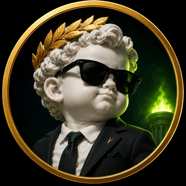 Baby Boner: a marble infant in a gold laurel and black sunglasses, wearing a suit, lit by a green flame.